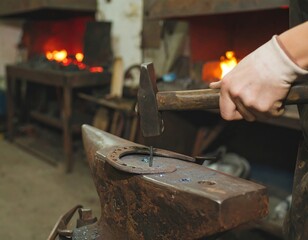 A blacksmith carefully hammers a horseshoe onto an anvil in a traditional workshop setting.