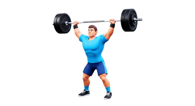 cartoon weightlifter powerful overhead press, muscular strength, athletic determination, isolated on transparent background