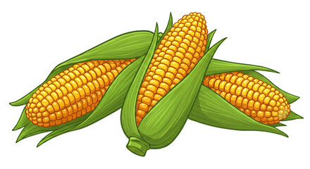 Fresh sweet maize corn on the cob with green husks illustration healthy vegetable food harvest agriculture on transparent background