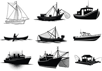 Various boats and ships, fishing vessel, sailboat, canoe, speedboat, cargo ship, pontoon, trawler, tugboat, black and white cartoon vector illustration