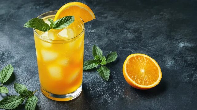Refreshing cold orange drink with ice and mint