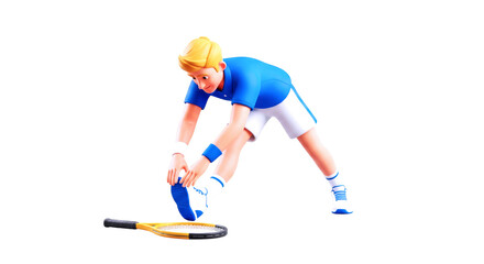 3d cartoon tennis player stretching pregame ritual, focused athlete, blue uniform, isolated on transparent background
