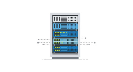 Abstract depiction of data center server rack connectivity and information transmission featuring clean, flat design showcasing organized system