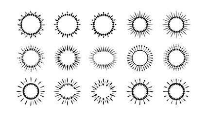 Collection of fifteen black and white sunburst designs with varying ray styles and circular shapes