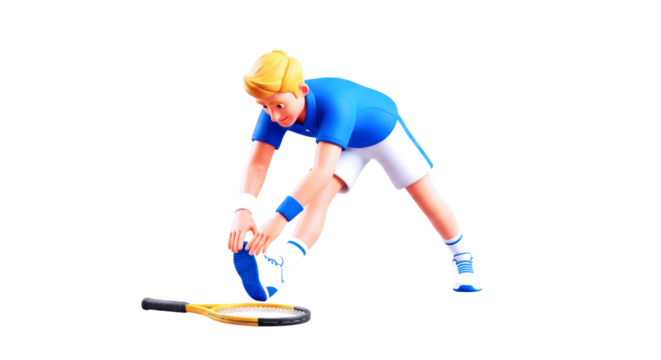 3d cartoon tennis player stretching pregame ritual, focused athlete, blue uniform, isolated on transparent background
