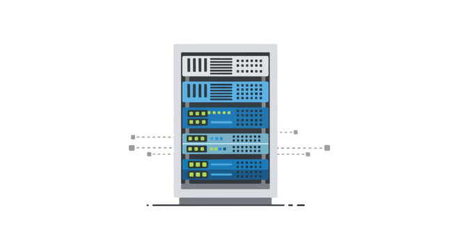 Abstract depiction of data center server rack connectivity and information transmission featuring clean, flat design showcasing organized system