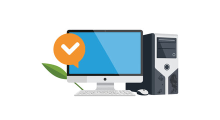 Computer desktop setup with checkmark notification enhancing digital confidence and ecological computing vision for eco-friendly technology adoption