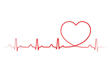 Red ECG line forming a heart shape on white background, symbolizing love, health, cardiology, and emotional connection in a minimal style.
