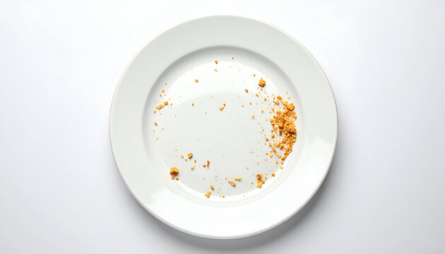 Empty white plate with scattered crumbs of a light orange-brown food.