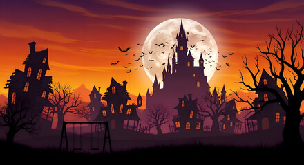 Cartoon illustration of a spooky haunted house with a full moon, bats, and bare trees in a dark night