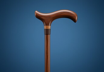 Elegant Wooden Walking Stick on a Blue Background Health and Mobility Aid for Seniors and Individuals with Disabilities