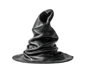 Dark, conical hat with draped leather