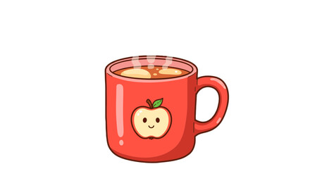 Red mug with apple cute drink beverage hot tea coffee cartoon illustration graphic design digital art on transparent background