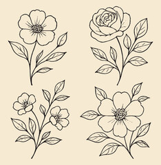 Elegant Floral Line Art Vector Set in Soft Pastel Tones for Decoration & Design