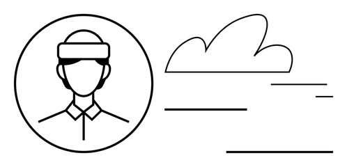 Minimal outline of a person wearing a headband in a circular frame, cloud illustration, and abstract lines. Ideal for user profile, cloud services, online identity, interface design, avatars
