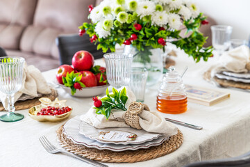 Holiday table decor. Rosh hashanah jewish New Year holiday concept.	