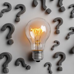 Lamp and question marks on a gray background problem solving