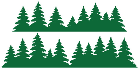 Fir trees silhouettes set. Coniferous spruce horizontal background patterns, black evergreen woods vector illustration. Beautiful hand drawn panorama with treetops forest. Black pine woods Forest