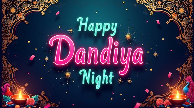 Vibrant Dandiya Night Celebration with Peacocks, Diyas, and Festive Lights