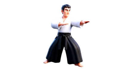 3d cartoon aikido master focused posture, inner calm, peaceful warrior, ready stance, spiritual discipline, isolated on transparent background
