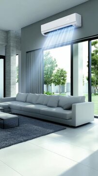 Spacious living area showcases modern decor with natural light, featuring a sleek air conditioning unit for optimal comfort