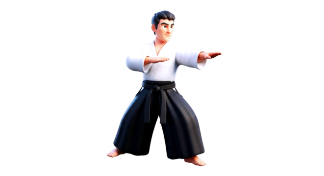 3d cartoon aikido master focused posture, inner calm, peaceful warrior, ready stance, spiritual discipline, isolated on transparent background