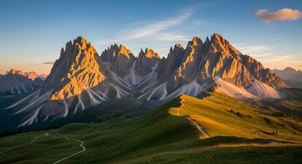 Jagged mountain peaks illuminated by golden hour sun