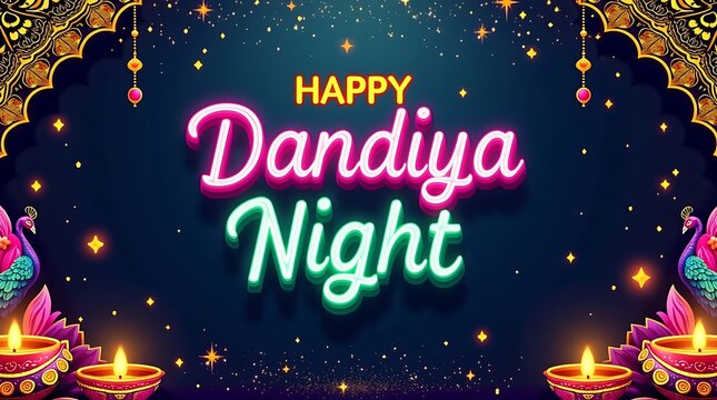Vibrant Dandiya Night Celebration with Peacocks, Diyas, and Festive Lights