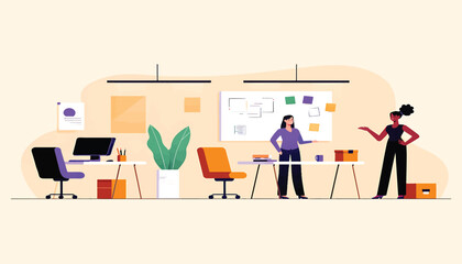 Creative team of women collaborating on a project, brainstorming ideas with a whiteboard in a modern office illustration