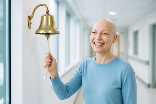 Joyful cancer survivor ringing golden bell in hospital hallway to celebrate end of treatment, smiling with light and hope in bright background. Ai generative
