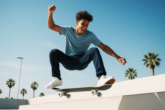 Young man performing skateboard trick mid-air with joyful expression under bright sunlight and palm trees in urban setting, clear blue sky background. Ai generative