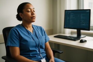 Healthcare professional meditating in office chair with closed eyes, relaxing near computer during break in bright workspace background. Ai generative