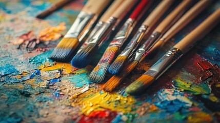 Fototapeta premium Paintbrushes on colorful palette messy art