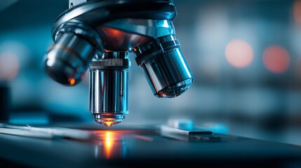 Modern Laboratory Microscope Analyzing Sample Slide With Blue Lighting in Scientific Research Environment