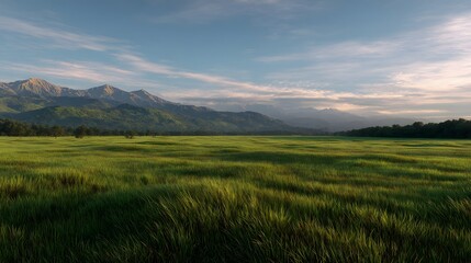 Fototapeta premium A vast, grassy plain stretches out beneath a serene sky, framed by a distant mountain range.