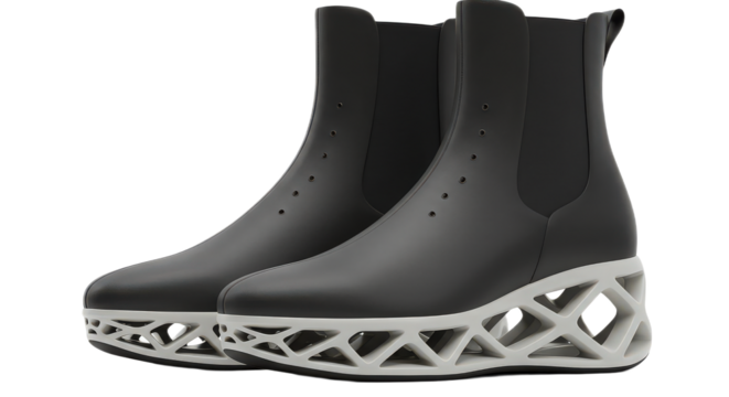 Modern black ankle boots with unique geometric soles isolated on transparent background, a blend of style and innovation