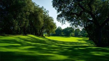 Fototapeta premium Lush green golf course with trees casting long shadows, showcasing a tranquil and serene outdoor setting.