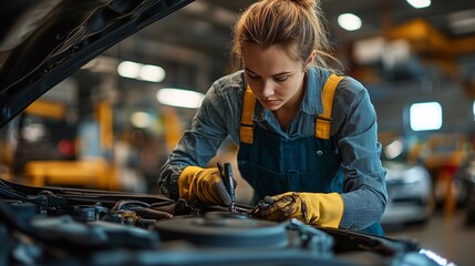A mechanic working woman under the hood of a car in an auto repair shop in a garage, auto repair shop