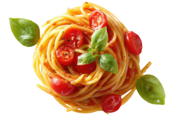 A nest of spaghetti tossed in tomato sauce, topped with cherry tomatoes and fresh basil leaves