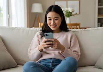 Smiling Asian Woman Using Smartphone at Home, Cozy Interior, Modern Tech and Lifestyle.