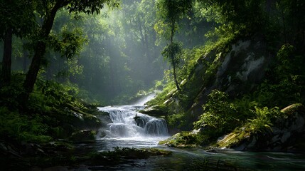 Obraz premium A tranquil waterfall cascades through a lush, verdant forest, bathed in soft sunlight filtering through the trees.