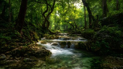 Obraz premium A serene cascading waterfall flows through a lush, verdant forest, bathed in sunlight.