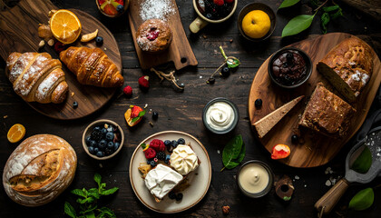 An overhead view of a rustic wooden table laden with various baked goods, fruits, and spreads.
