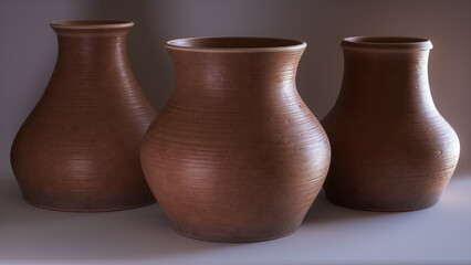 Three clay jugs on a neutral background.