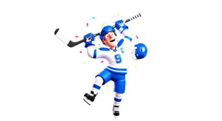 joyful 3d cartoon hockey player celebratory goal animation asset, isolated on transparent background