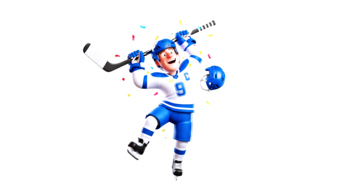 joyful 3d cartoon hockey player celebratory goal animation asset, isolated on transparent background