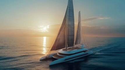 A futuristic yacht with angular designs and eco-friendly solar panels, sailing in the middle of a ocean