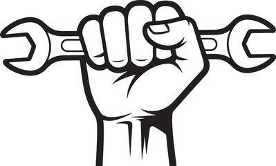 Fist holding a wrench symbolizing strength and determination for repair and construction work