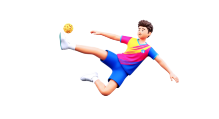 3d cartoon sepak takraw athlete dynamic kick, airborn mastery, colorful uniforms, isolated on transparent background