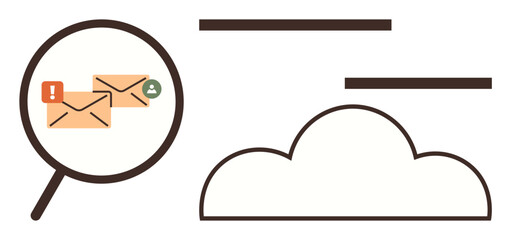Magnifying glass focusing on email notifications with alert and user icons next to a cloud shape. Ideal for cybersecurity, communication, email organization, online storage, data management, problem